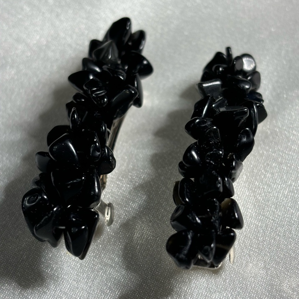 Handmade black Jasper stone chips beaded hair barrette set 2 inches
